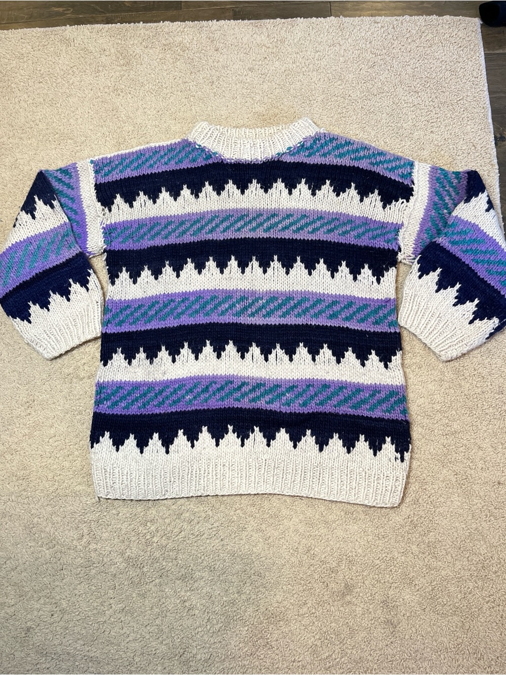 100% Wool Vtg 90s Chunky Knit Geometric Cottagecore Grandma Sweater Handmade